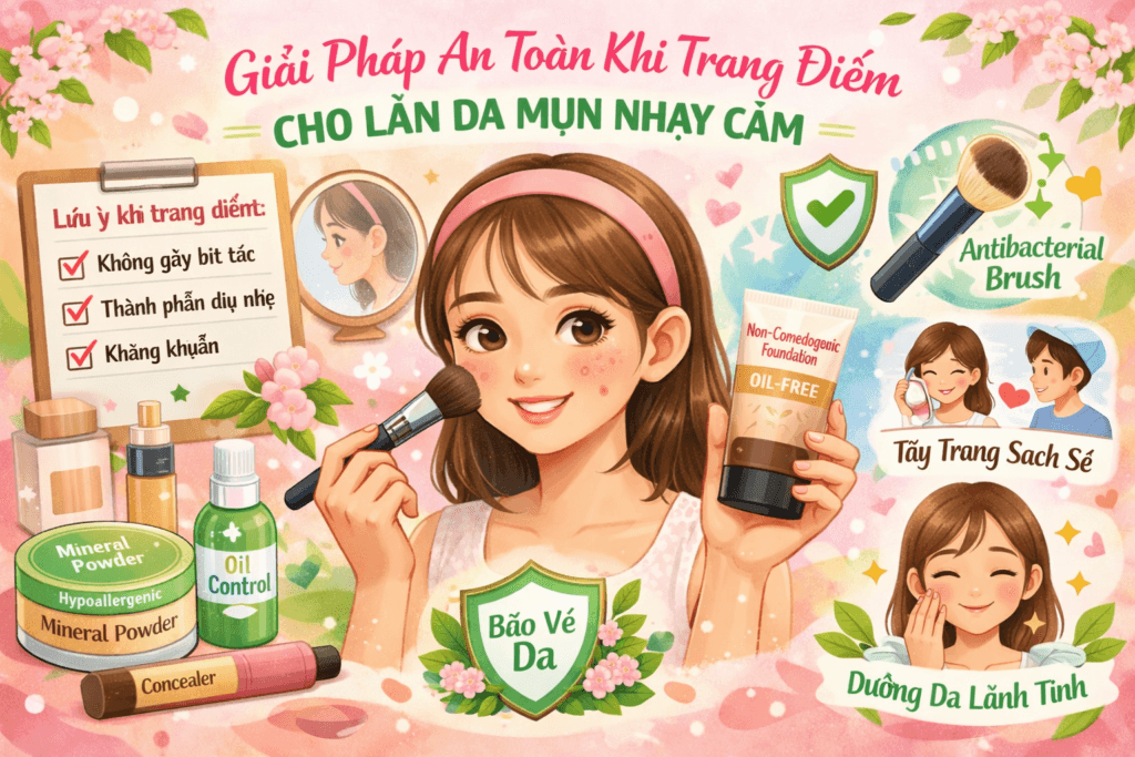 Giải pháp an toàn khi trang điểm cho da mụn nhạy cảm
