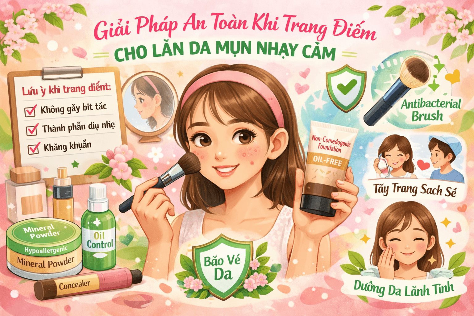 Giải pháp an toàn khi trang điểm cho da mụn nhạy cảm
